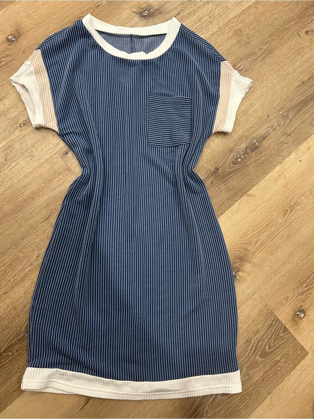 Source Unknown Navy Pinstripe Knit Dress with Cream Trim